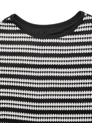 Black and white striped knit maxi dress with crew neck detail.
