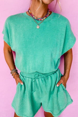 Turquoise acid wash tee and drawstring shorts set with pockets
