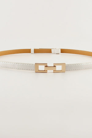 White leather belt with a gold geometric buckle