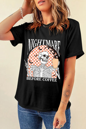 Black graphic t-shirt with skeleton holding coffee and text Nightmare Before Coffee