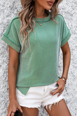 Green vertical ribbed tee with split hem and short sleeves.
