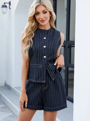 Pinstripe denim vest and shorts set with button front.