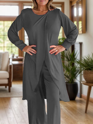 Dark gray draped overlay palazzo co-ord set with long sleeves and wide-leg pants.