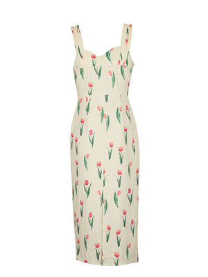 Cream tulip print midi dress with sweetheart neckline and twist front detail.