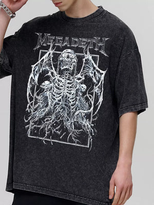 Men's dark gray graphic tee with skeleton and wings, crew neck, short sleeves