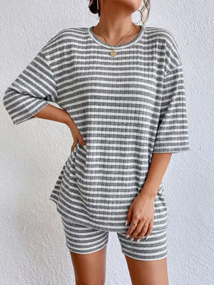 Gray striped two-piece set with elbow sleeve top and shorts.