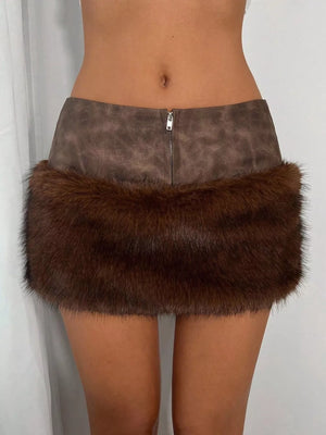 Faux Fur Trim Mini Skirt in Brown, front view