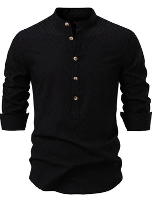 Black geo-embossed henley shirt with mandarin collar and buttoned placket.