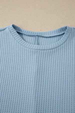 Waffle Knit Dolman Sleeve Loose Top in Light Blue, model styling view
