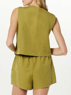 Yellow-green linen vest and drawstring shorts set, back view