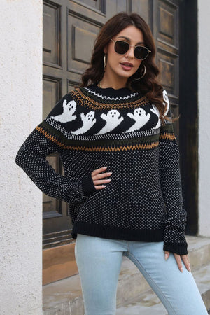Black crewneck sweater with ghost pattern, jacquard knit, acrylic, crew neck, long sleeves