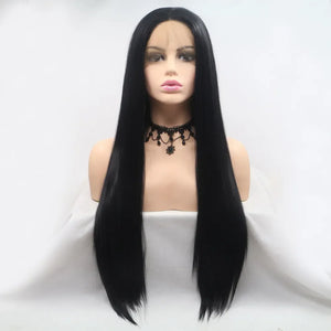 Glossy black straight lace front wig with a natural hairline and middle part.