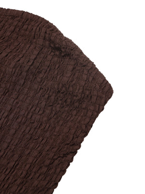 Dark brown textured mini dress with gathered bodice and ruffle detail.
