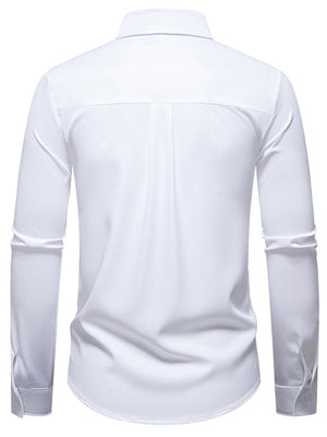 Men's white long-sleeve button-up shirt with a classic collar and back pleats.