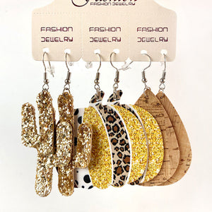 Leopard print glitter cactus and teardrop earrings set