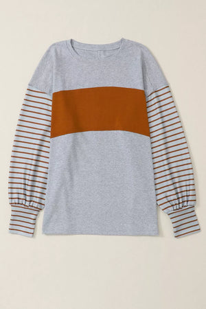 Gray maternity shirt with crew neck, colorblock detail, and striped bishop sleeves.