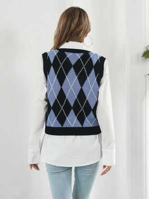 Black argyle knit vest with blue and white diamond pattern, acrylic material.
