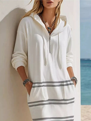 Casual Striped Drawstring Hooded Dress in White, side view