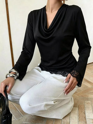 Lace Trim Cowl Neck Blouse in Black, back view