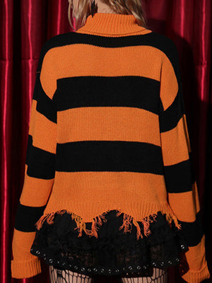 Orange and black striped knit sweater with distressed hem and bat motif.