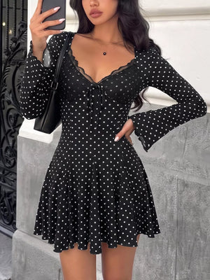 Polka Dot Lace Trimmed V-neck Mini Dress, front view