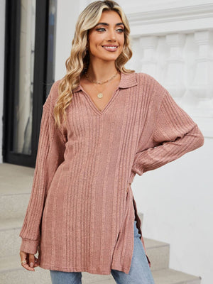 Dusty Pink ribbed knit collared tunic top with slit hem and long sleeves.