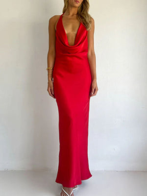 Red satin halter maxi dress with cowl neck and body skimming fit