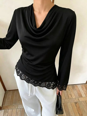 Lace Trim Cowl Neck Blouse in Black, close-up detail