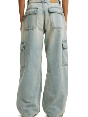 Light blue denim wide leg cargo pants with multiple pockets.