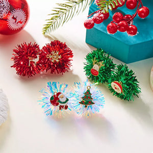 Festive tinsel ball earrings in red, green, and iridescent white with holiday charms.