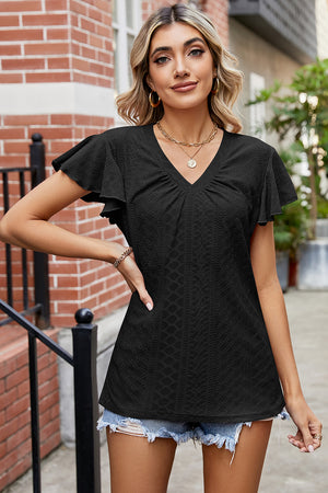 Black eyelet flutter sleeve v-neck top with ruched detail