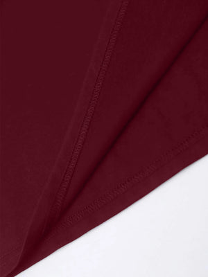 Burgundy t-shirt detail showing seam construction