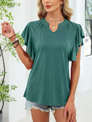 Dark green tee with ruffled short sleeves and notched V-neck, casual women's top
