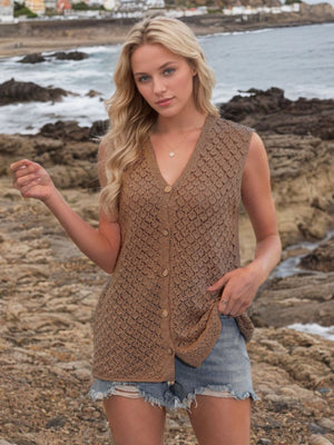 Camel openwork button-down knit vest with V-neck and button closure.