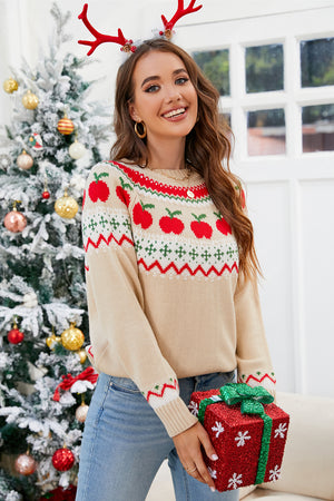 Tan acrylic sweater with festive Fair Isle apple motif and red/white/green trim.