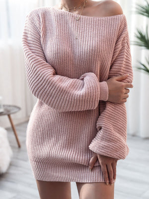 Light Mauve acrylic sweater dress with off-the-shoulder neckline and balloon sleeves.