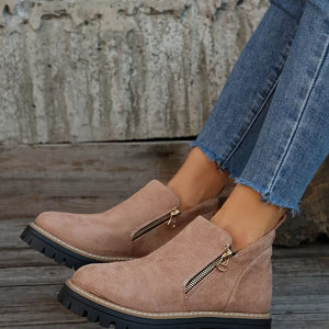 Pink suede ankle boots with side zippers and rugged soles.
