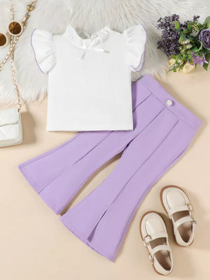 Baby ruffle-trimmed top with bow and flare pants set in purple.