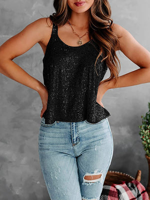 Black sequin-embellished flounce tank top with scoop neck and ruffled hem