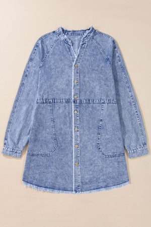 Acid wash denim shirtdress with raw hem, button front, and chest pockets.