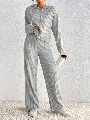 Light gray ribbed knit cropped hoodie and wide leg pants set with drawstring hood