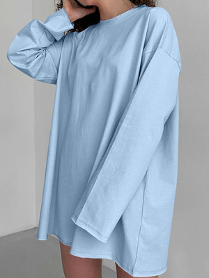 Oversized light blue cotton jersey long sleeve top with crew neck
