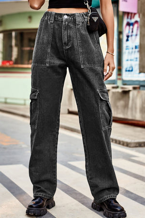 Cargo denim trousers in dark wash with relaxed fit and multiple pockets.