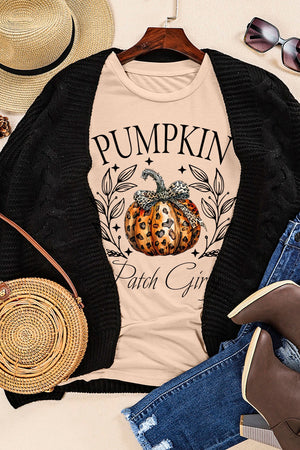 Tan graphic t-shirt with a pumpkin and leopard bow design, "Pumpkin Patch Girl" text.