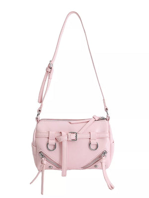 Adjustable Strap Leather Shoulder Bag in Pink, model styling view