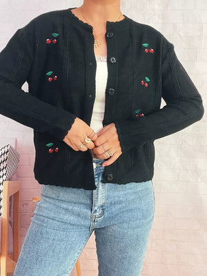 Black button up cardigan with cherry embroidery and scalloped trim.