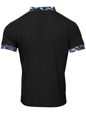 Black men's t-shirt with ribbed texture, paisley collar and cuffs.
