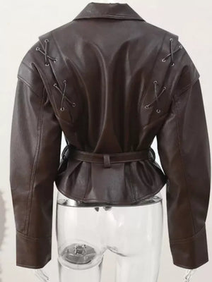 Belted Leather Jacket With Shawl Collar in Dark Brown, editorial view