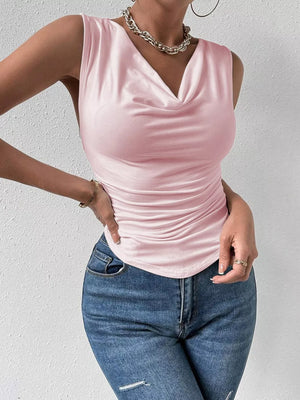 Pink ruched cowl neck tank top with draped detailing.