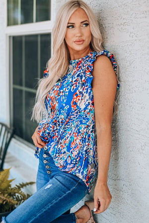 Painterly ruffle sleeve blouse in multi abstract print with a mock neck.